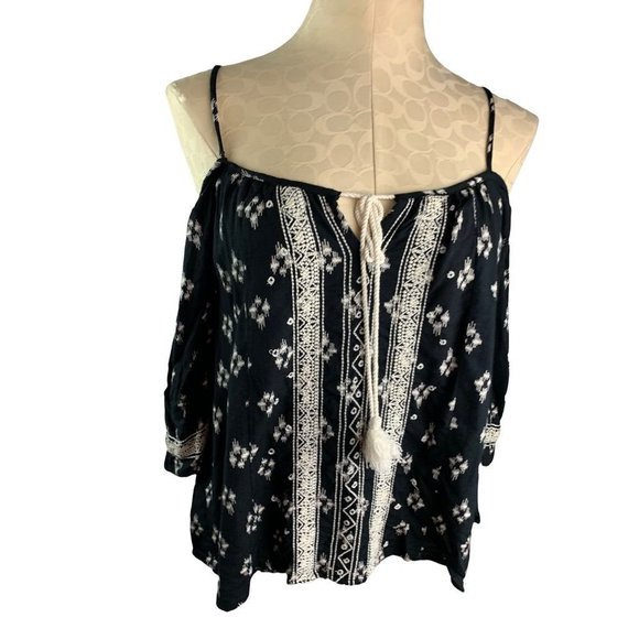 Small Band of Gypsies Women's Black White Boho Style Blouse Flowy - Picture 2 of 7